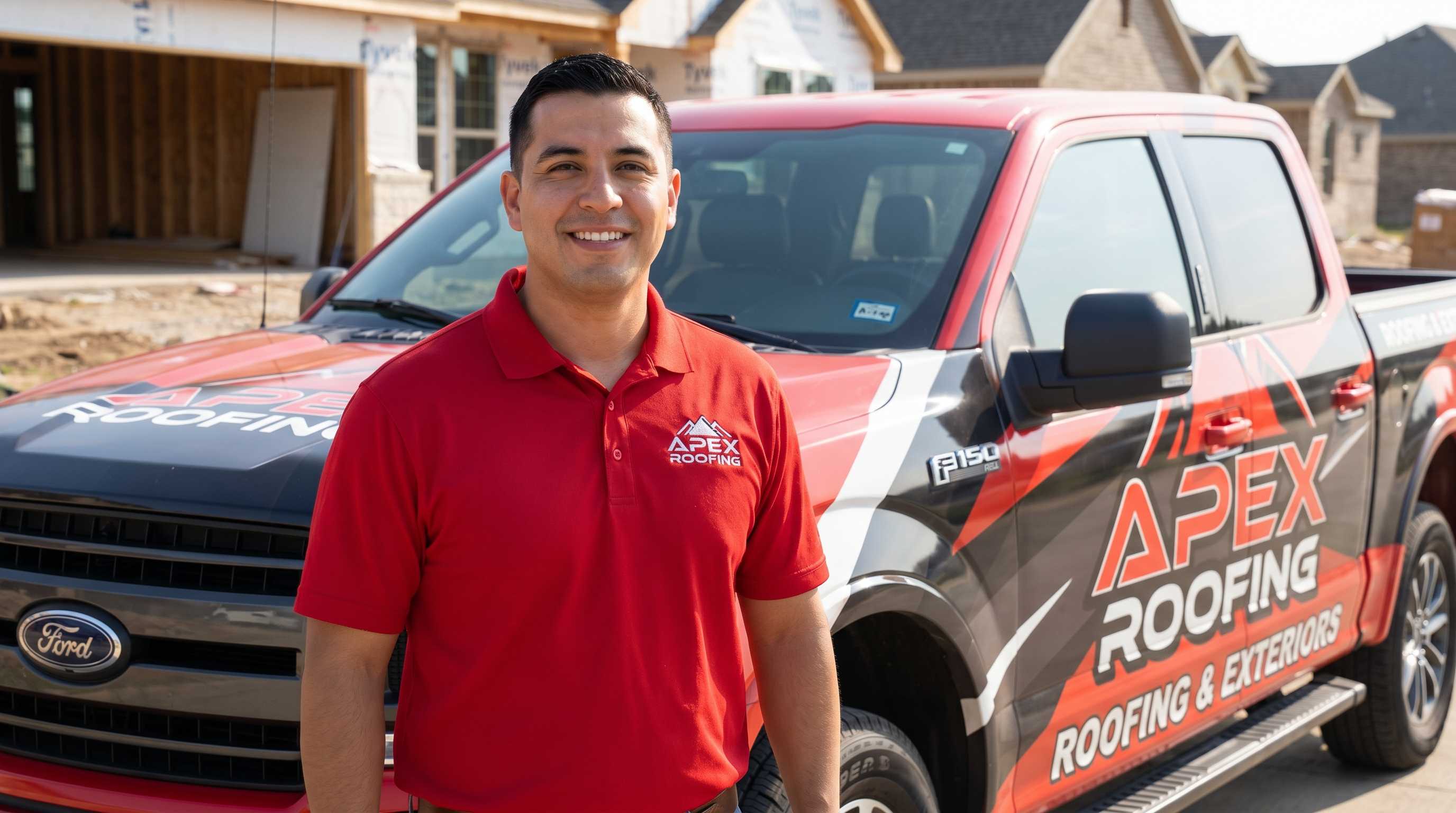 Roofing contractor near his truck