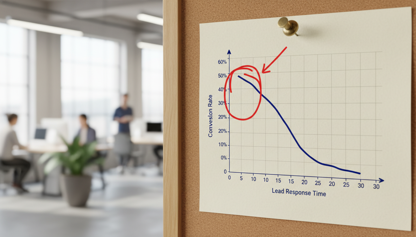 Graph showing lead response time vs conversion rate, highlighting the steep drop-off after 5 minutes