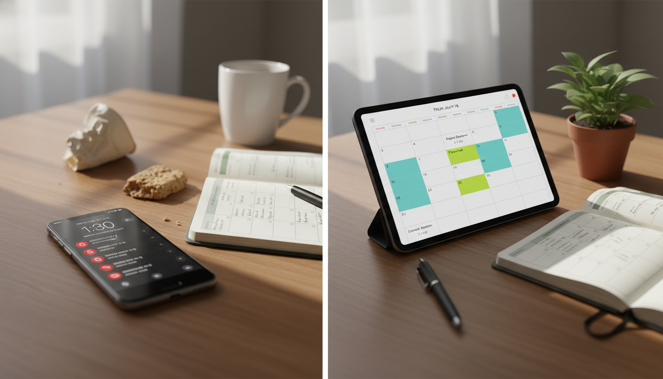 Before-and-after comparison showing a missed call log versus a fully booked appointment calendar