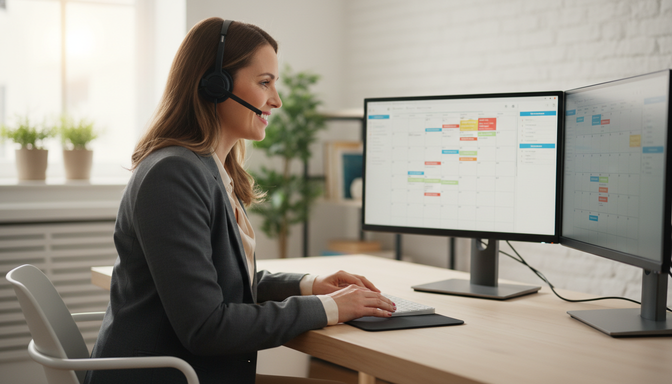Professional woman wearing a headset at a clean desk, smiling while looking at a dual-monitor setup showing a calendar scheduling interface