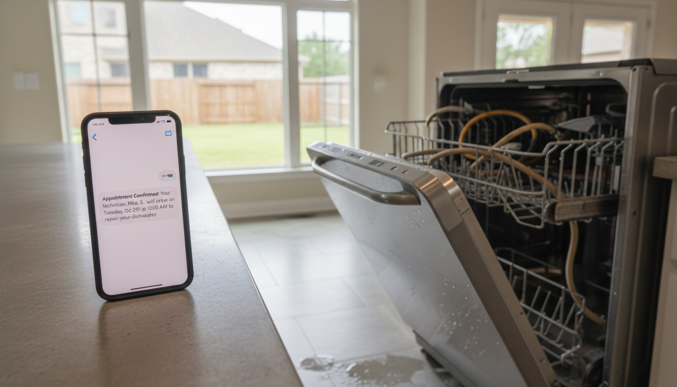 Modern smartphone showing an appointment confirmation text message with date, time, and technician details, placed next to a broken dishwasher with the door open