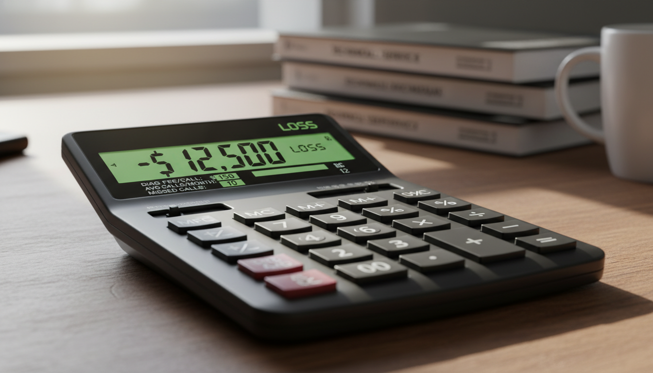Calculator screen showing diagnostic fee revenue loss calculations with monthly call volume inputs
