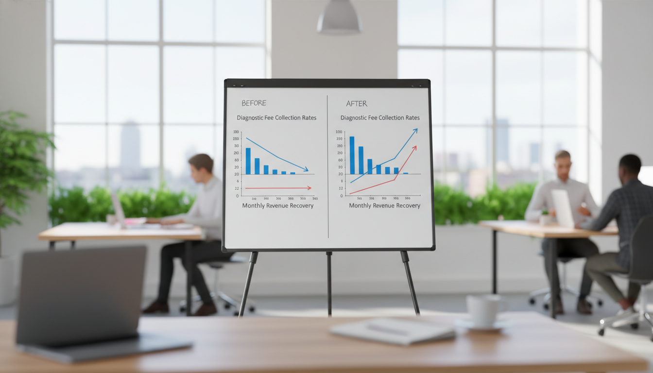 Before and after comparison chart showing diagnostic fee collection rates and monthly revenue recovery