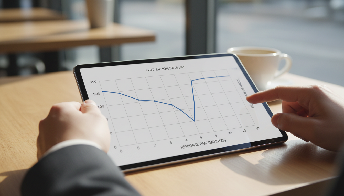 Graph showing response time vs conversion rate, with a sharp drop-off after 5 minutes