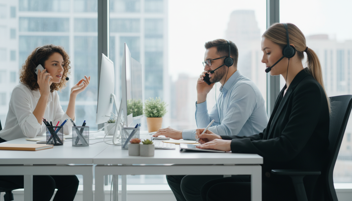 Photo of a professional front office team answering phones with headsets in a clean, organized environment