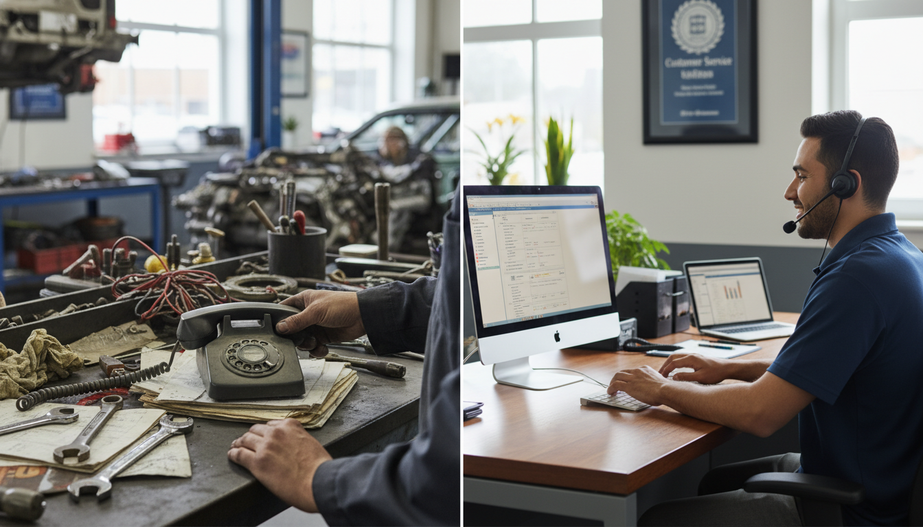 Split-screen comparison showing a cluttered repair shop with a ringing phone ignored on a workbench versus a clean front office setup with a professional team member answering calls on headset