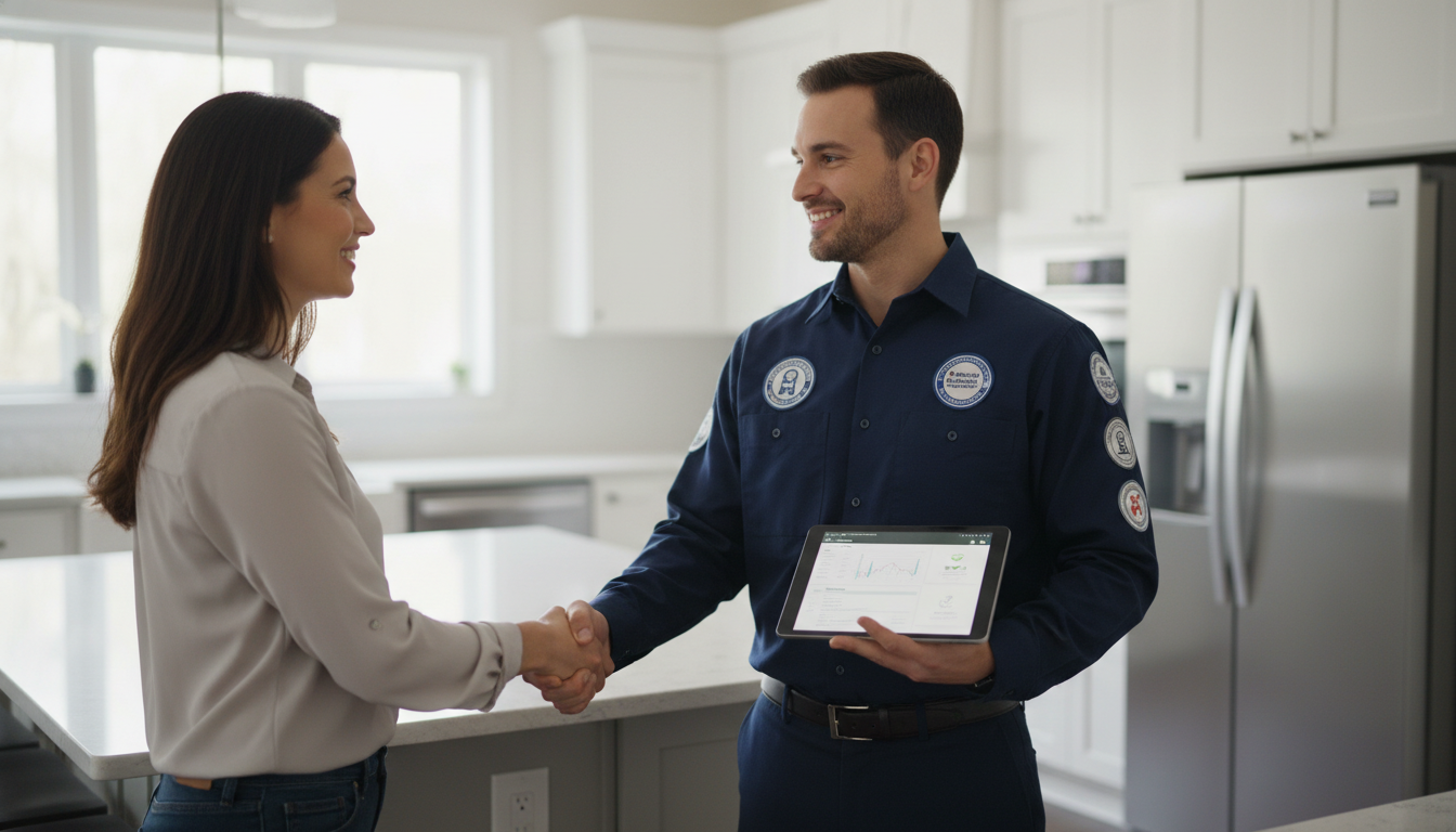 Professional appliance repair technician in clean uniform with certification badges visible, shaking hands with a homeowner in a modern kitchen, tablet showing digital work order