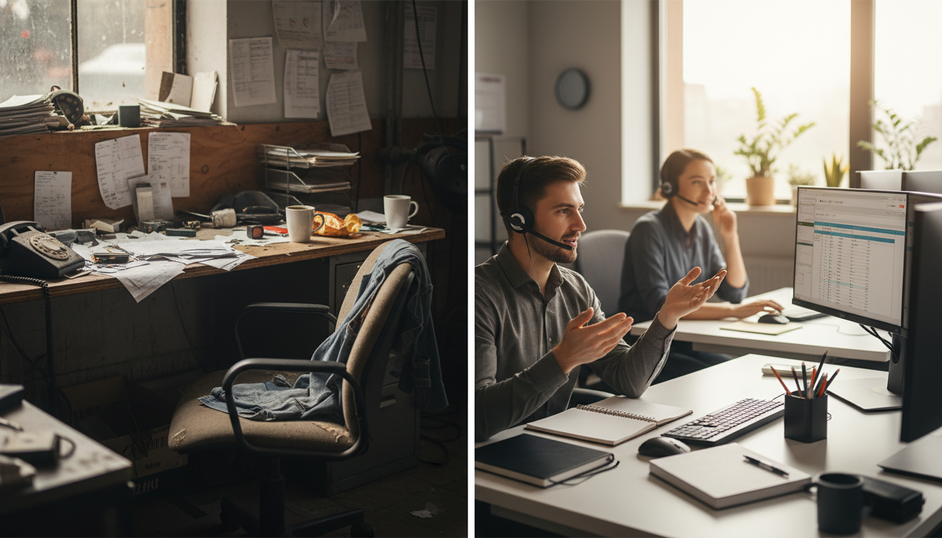 Split screen showing cluttered repair shop office with unanswered phone and organized front office team managing multiple screens and headsets