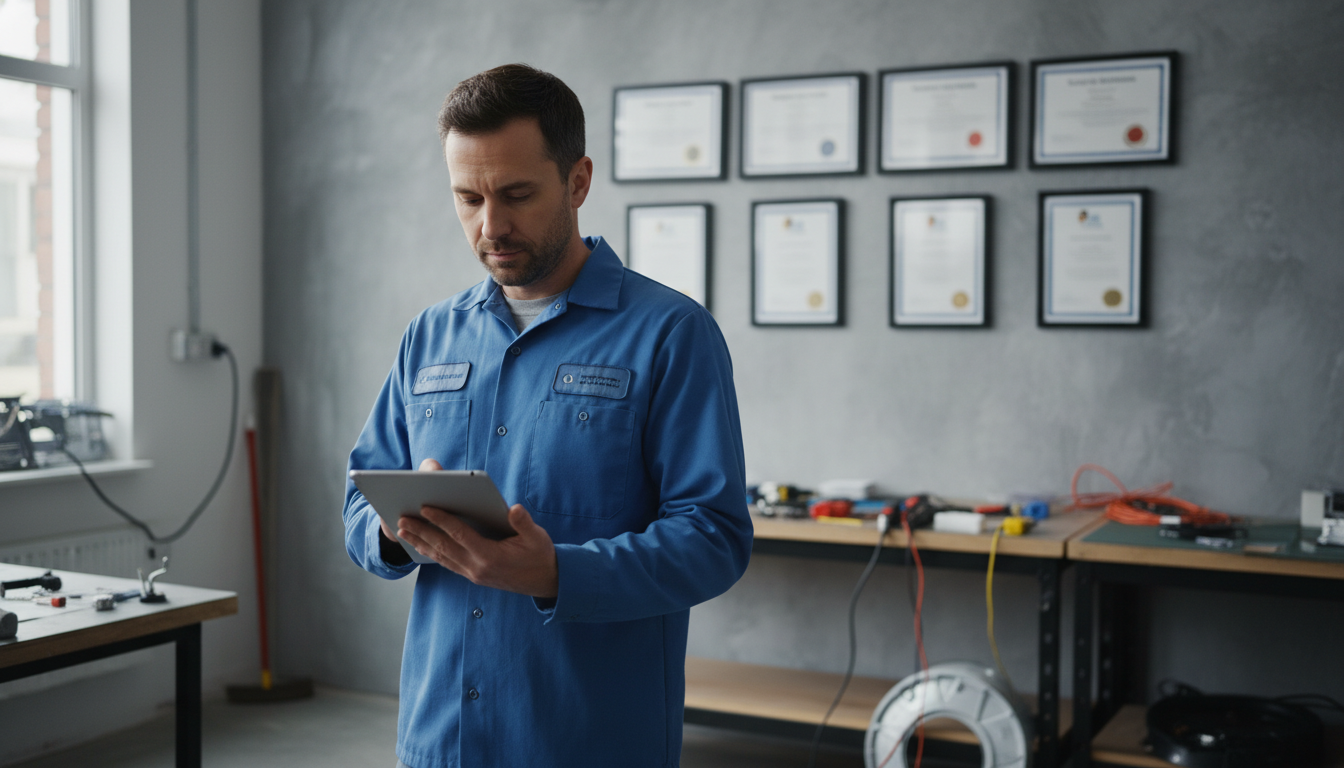 Appliance repair technician reviewing digital work orders on tablet while factory-authorized certification certificates hang on shop wall behind him