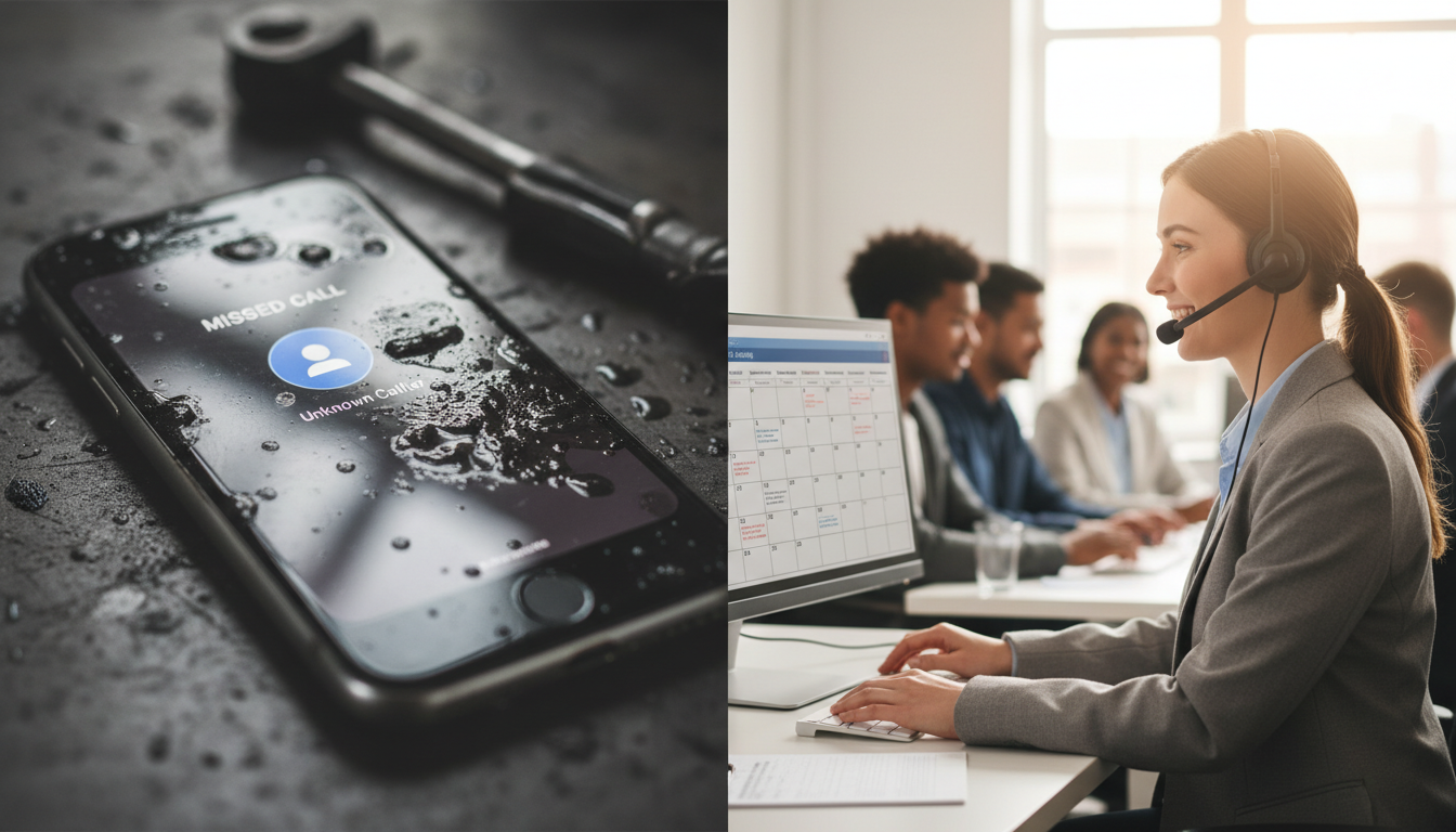 Split-screen showing a missed call notification on a phone covered in appliance grease on the left, and a professional front office team member answering a call with a headset and booking calendar visible on the right
