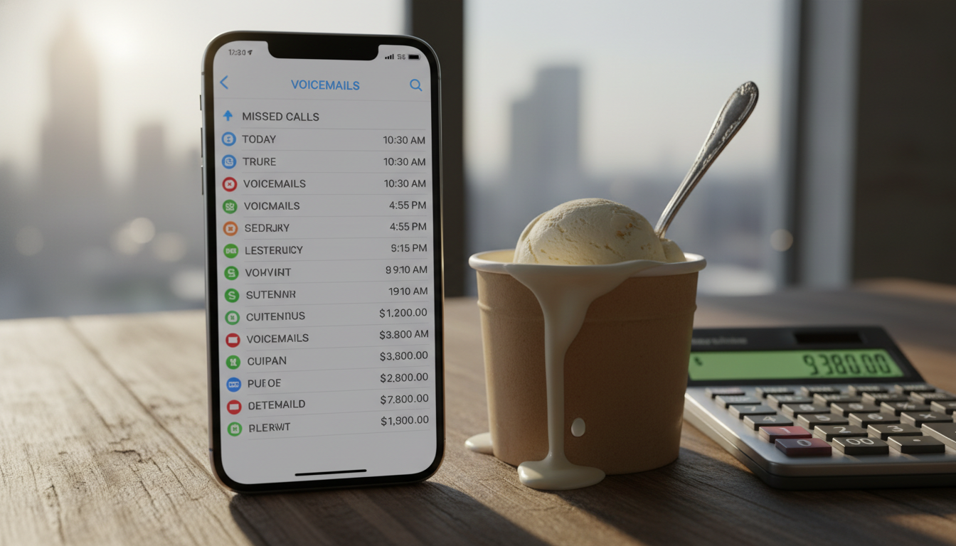 A smartphone screen showing multiple missed calls and voicemails with timestamps, next to a melting ice cream container and a calculator showing dollar amounts representing lost revenue
