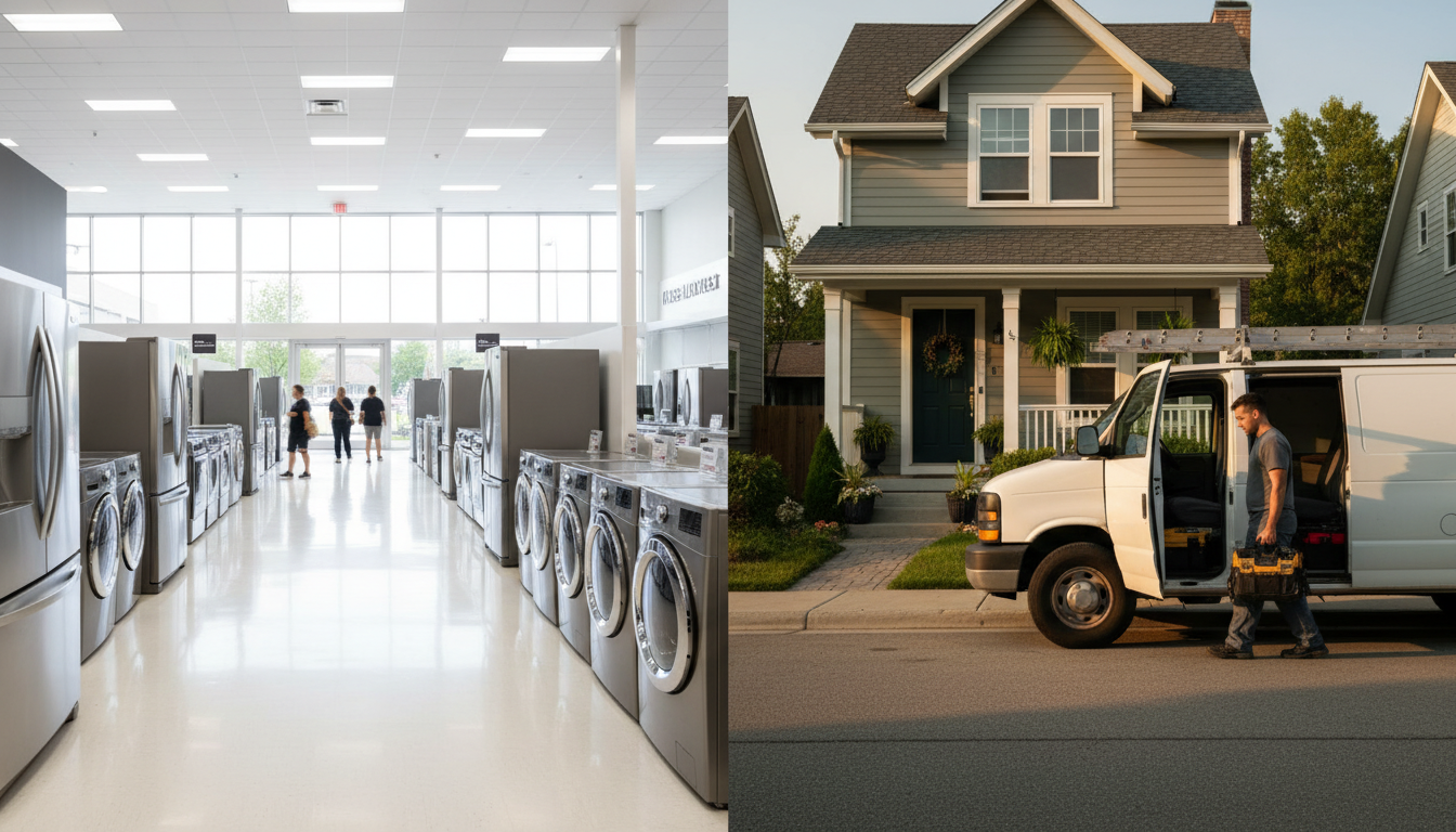 Split screen comparison showing a big box store's bright, open appliance showroom on one side and a local repair van parked outside a home on the other side, symbolizing the competition