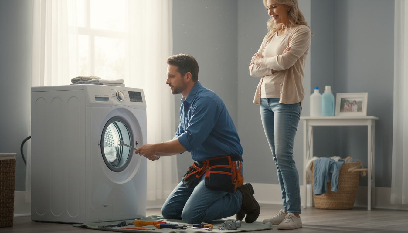 An appliance repair technician working on a washing machine in a customer's home, with a satisfied homeowner watching, representing successful service delivery