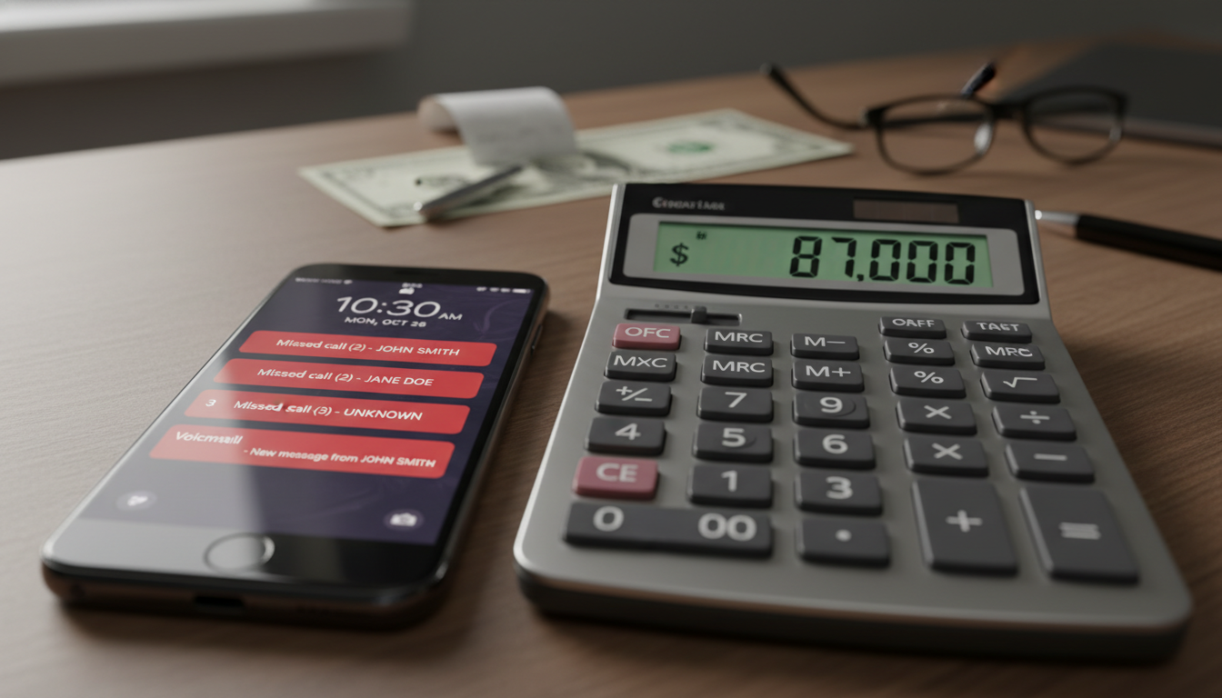 A smartphone screen showing three missed calls and a voicemail notification, with a calculator displaying 