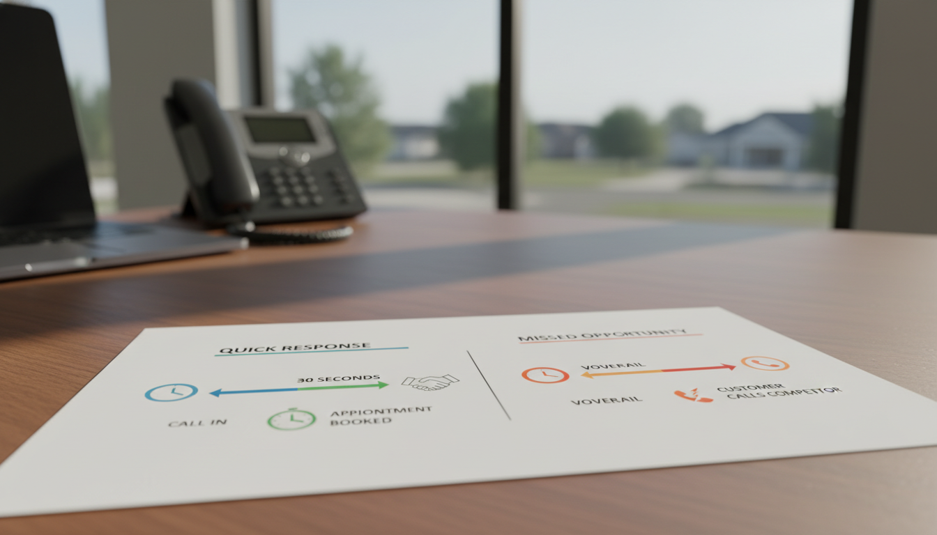 A comparison chart showing two timelines: one where a call is answered in 30 seconds leading to a booked appointment, versus one where a call goes to voicemail leading to the customer calling a competitor