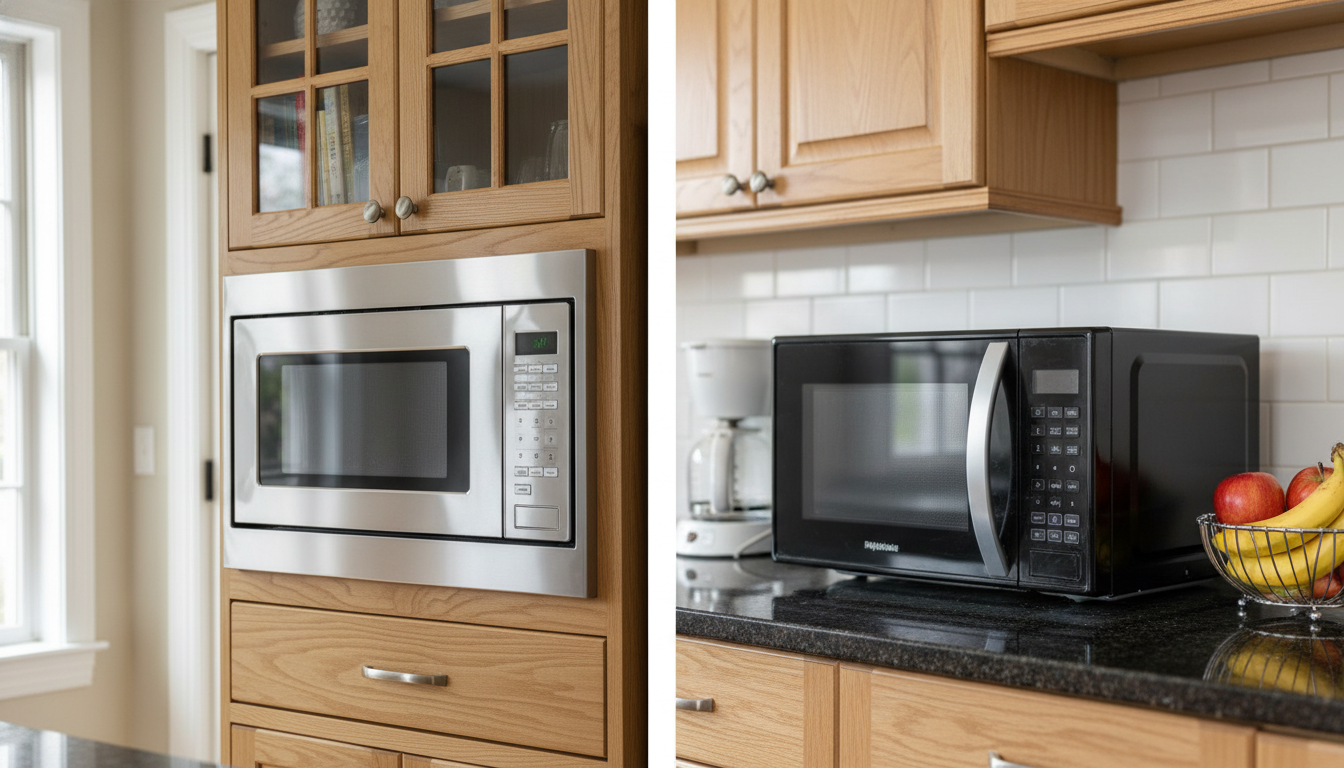 side-by-side comparison showing a built-in microwave installation with cabinet integration versus a countertop microwave