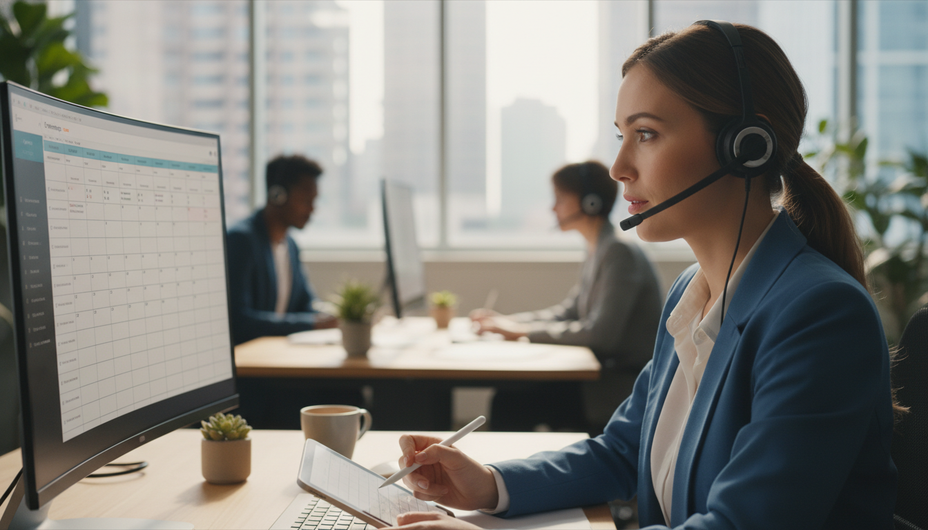 professional office team member with headset taking notes while looking at appointment scheduling screen