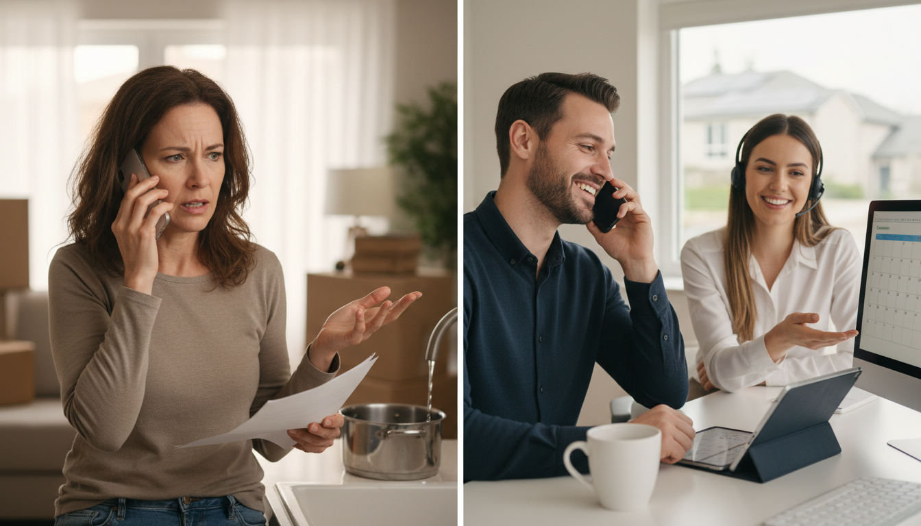 Split-screen comparison showing a frustrated homeowner leaving a voicemail on one side, and a satisfied homeowner speaking with a professional booking specialist on the other