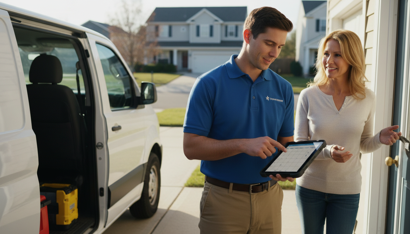 Professional appliance repair technician confirming appointment details on a tablet while standing next to a service van, with a satisfied homeowner visible in the doorway