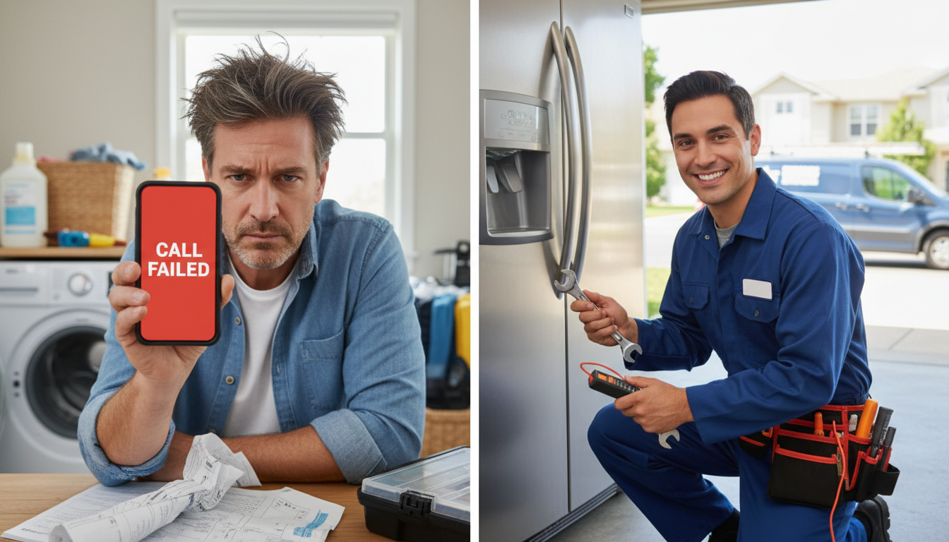 Split-screen image showing a frustrated homeowner holding a phone with 