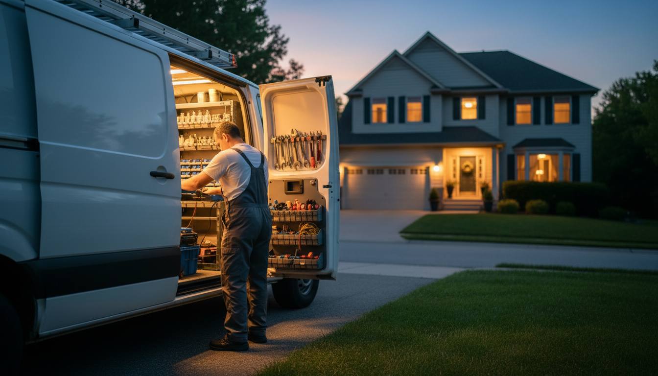 Appliance repair van parked in a driveway at dusk with interior lights on, technician visible through open doors organizing tools, welcoming home exterior in background