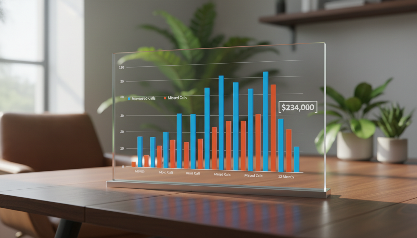 Graph showing revenue comparison between answered vs. missed same-day appliance repair calls over a year, with bars showing $234,000 difference