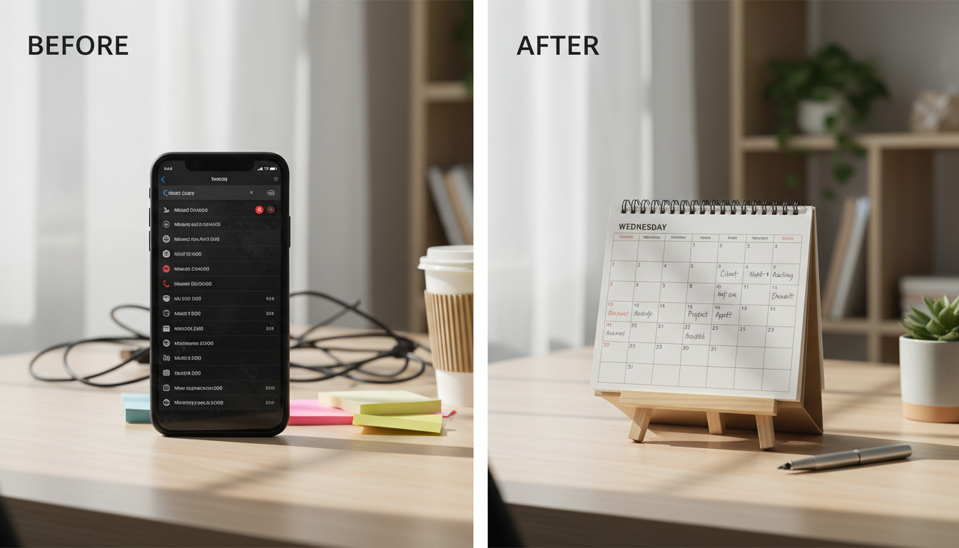 Before/after comparison showing a cluttered phone with missed calls vs. a clean calendar with booked same-day appointments