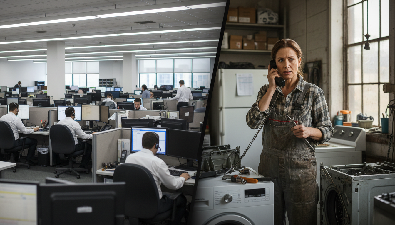 Split screen comparison showing big box store call center with multiple operators versus independent repair shop owner trying to answer phone while working on appliance