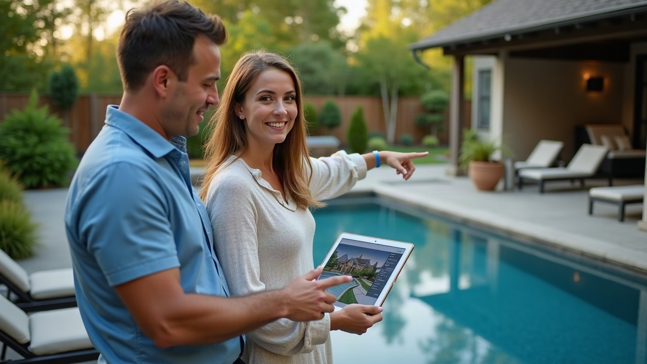 A professional pool designer meeting with homeowners in their backyard, pointing at landscaping and discussing custom pool layouts, with a tablet showing pool design renderings