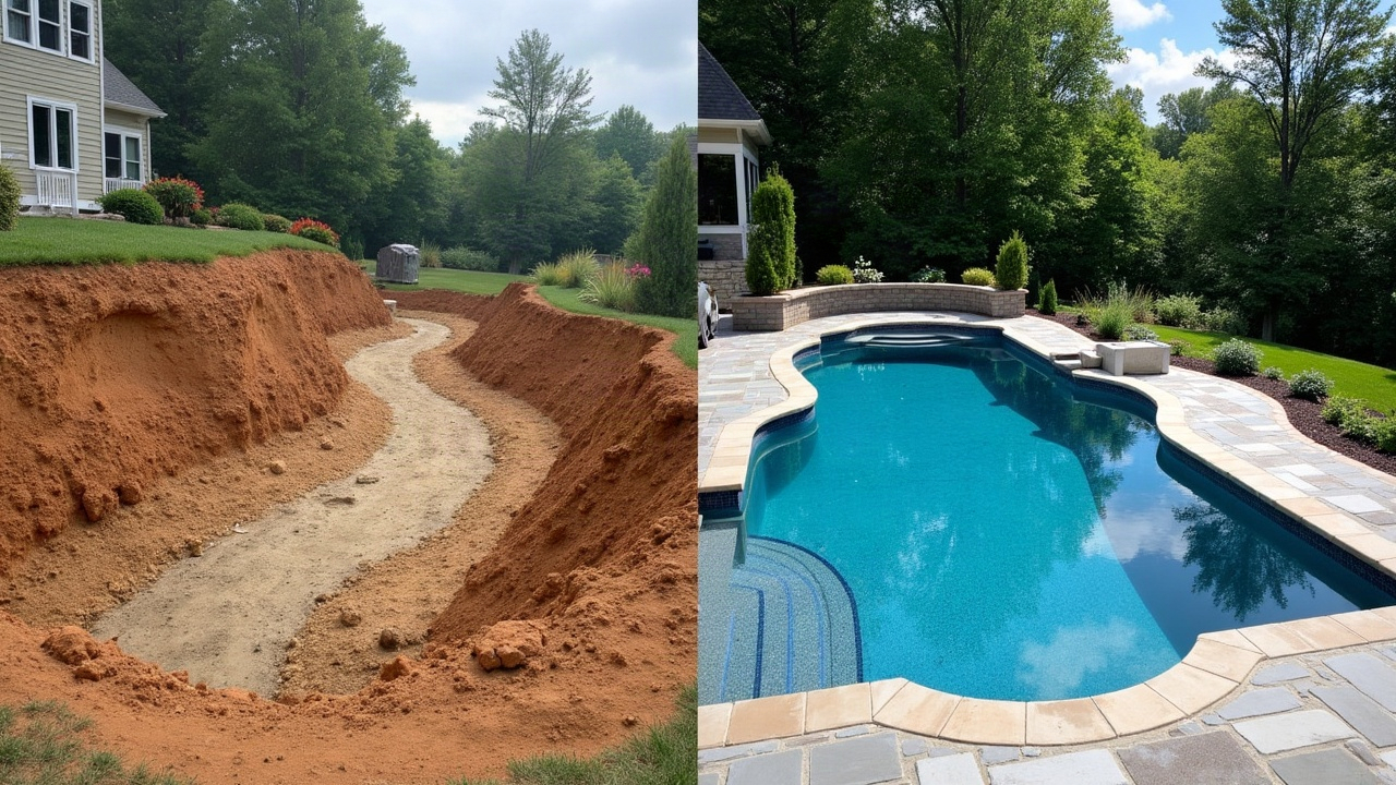 Before-and-after comparison of a custom gunite pool installation showing the excavated site in progress and the finished luxury pool with integrated spa, stone decking, and landscaping