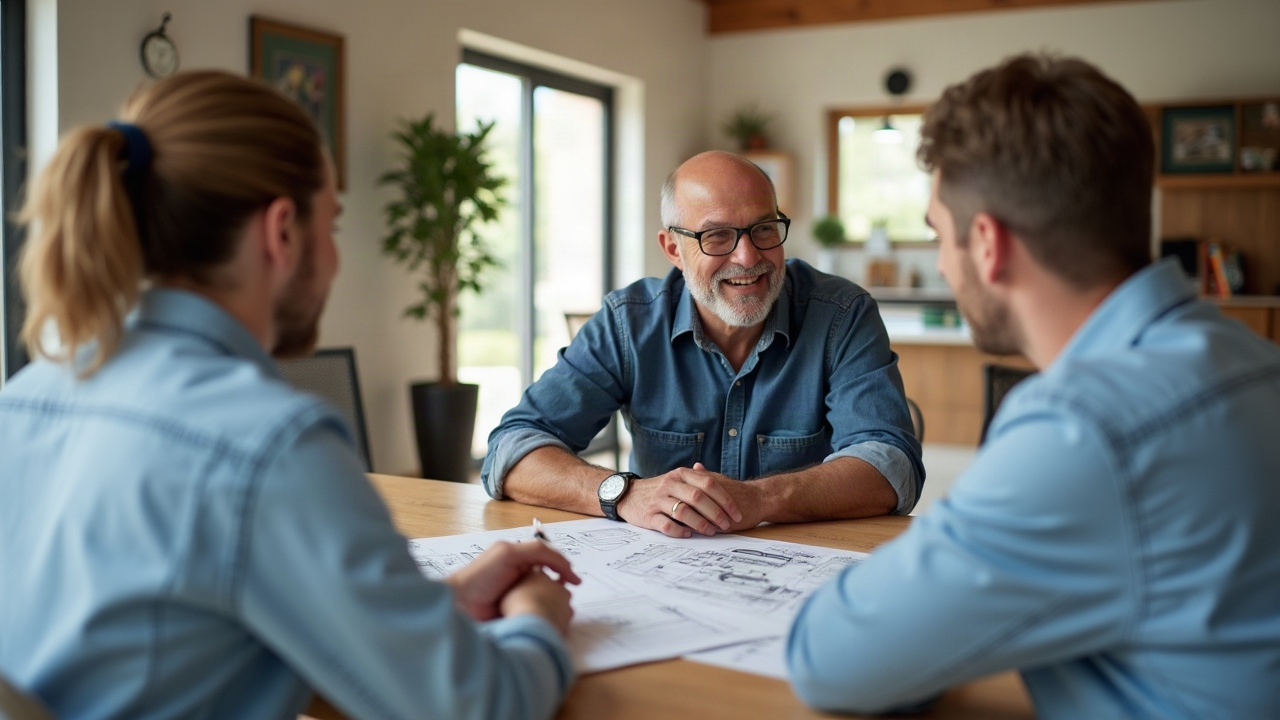 A professional consultation scene showing a pool contractor at a kitchen table with homeowners, reviewing design plans and samples