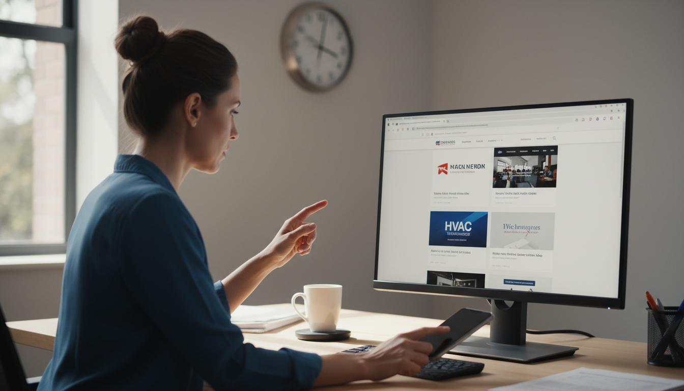 Property manager at a desk with multiple open tabs on their computer showing HVAC contractor websites, finger poised over their phone, with a clock showing 2:47 PM in the background
