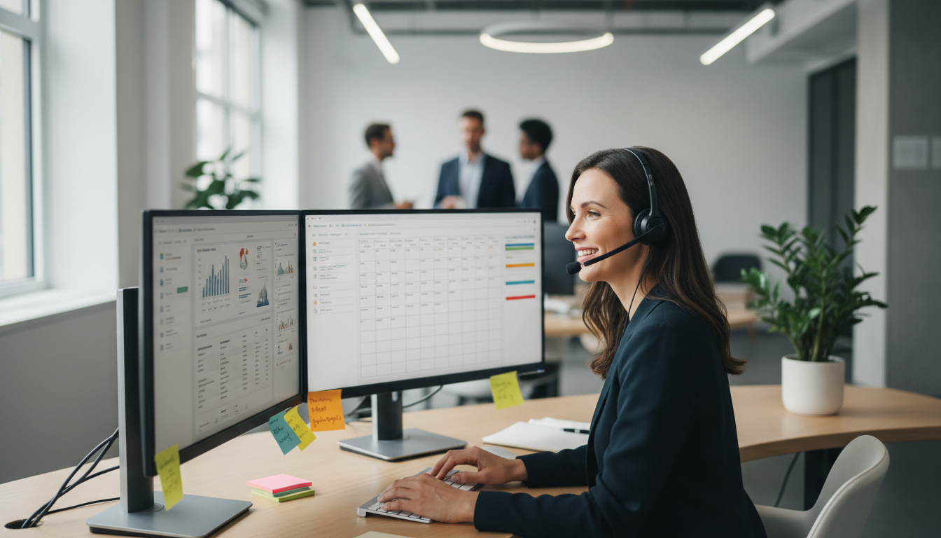 Professional woman wearing a headset in a modern office environment, looking at dual monitors displaying customer information and a scheduling calendar, with notes and a confident expression