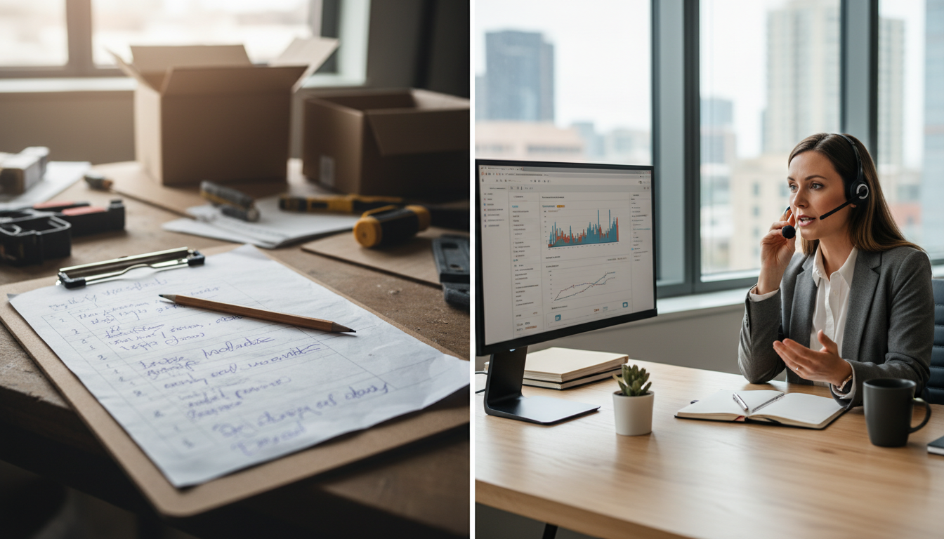 Split screen showing messy handwritten estimate on clipboard versus professional follow-up call being made by office team member at organized desk