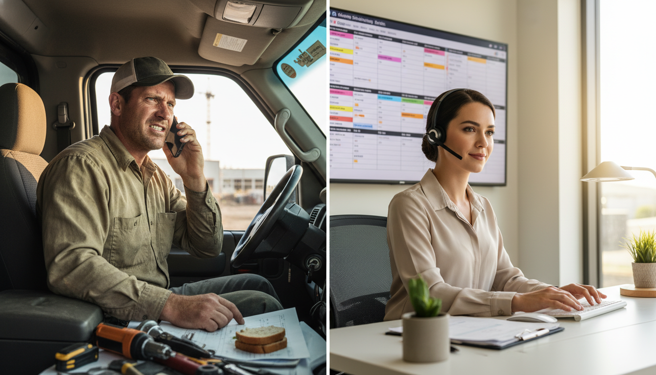 Side-by-side comparison: left shows contractor in truck cab looking stressed while on phone with tools scattered, right shows professional office team member with headset at organized desk with scheduling board visible