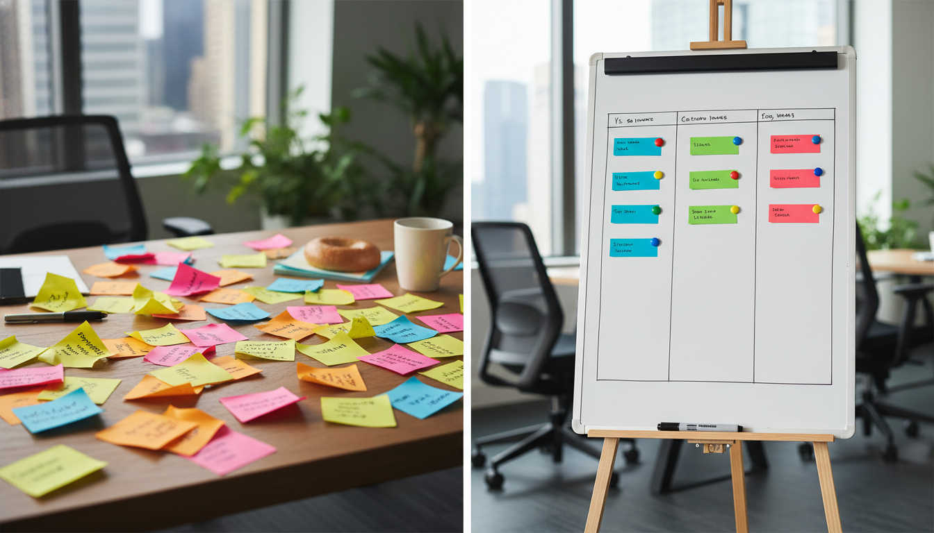 Split comparison showing disorganized sticky notes with customer names vs. organized follow-up tracking board with clear status columns