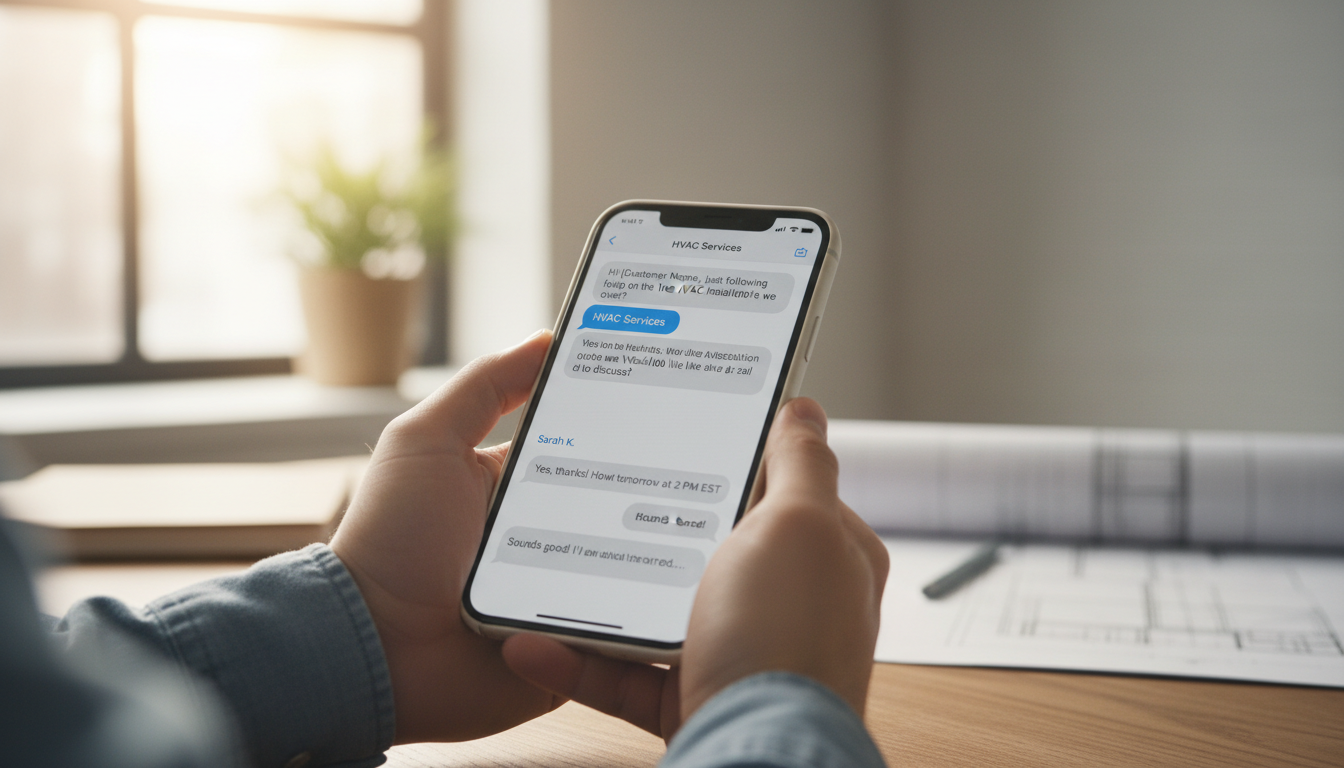 Mobile phone showing professional text message conversation with customer about HVAC quote follow-up