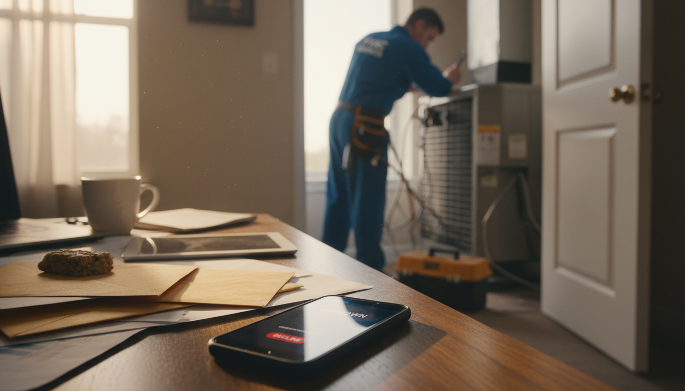 Phone ringing on desk going unanswered while HVAC technician works in background, representing missed emergency calls during busy seasons