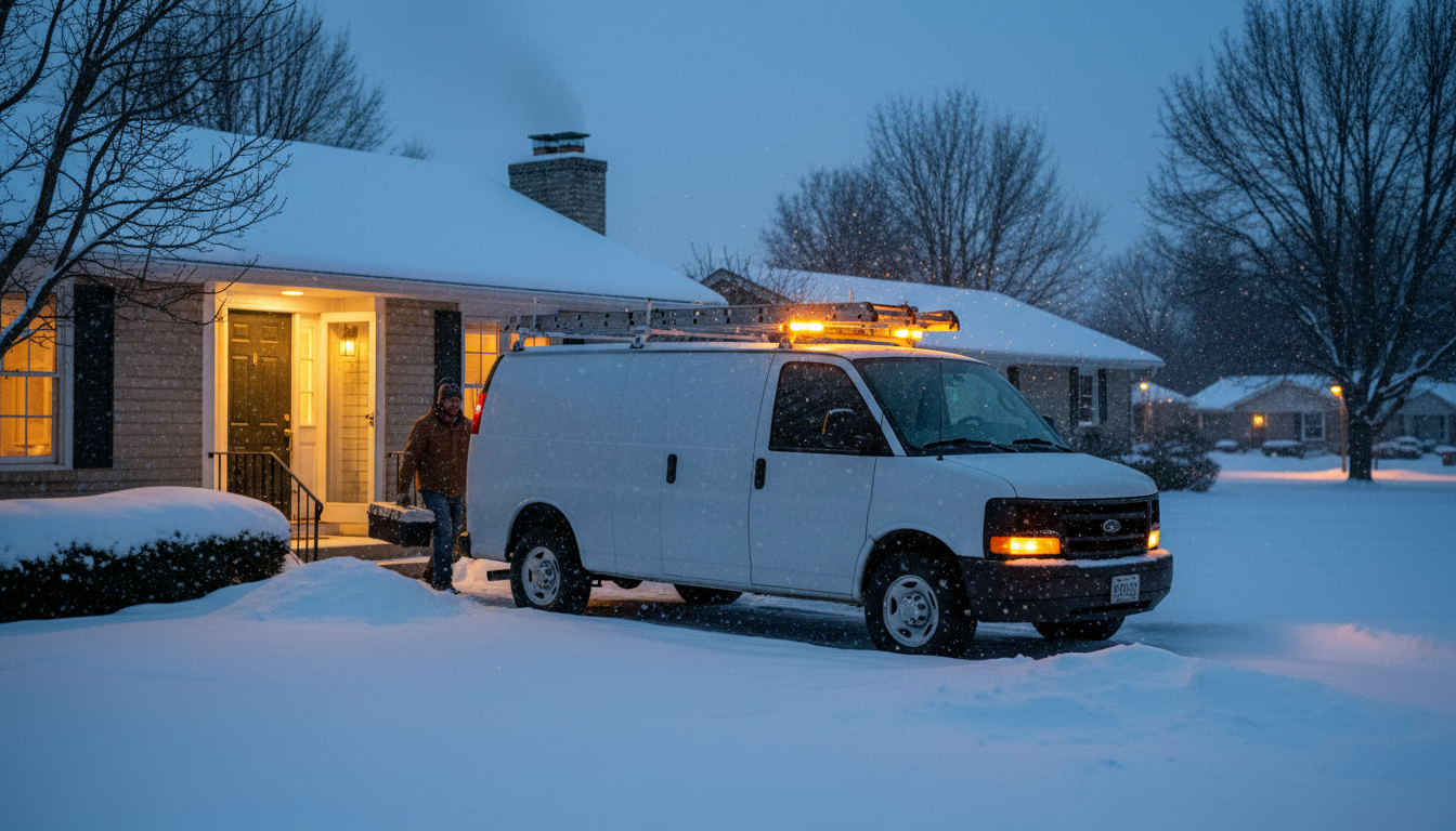 HVAC service van parked at residential home during winter evening, representing emergency heating call service