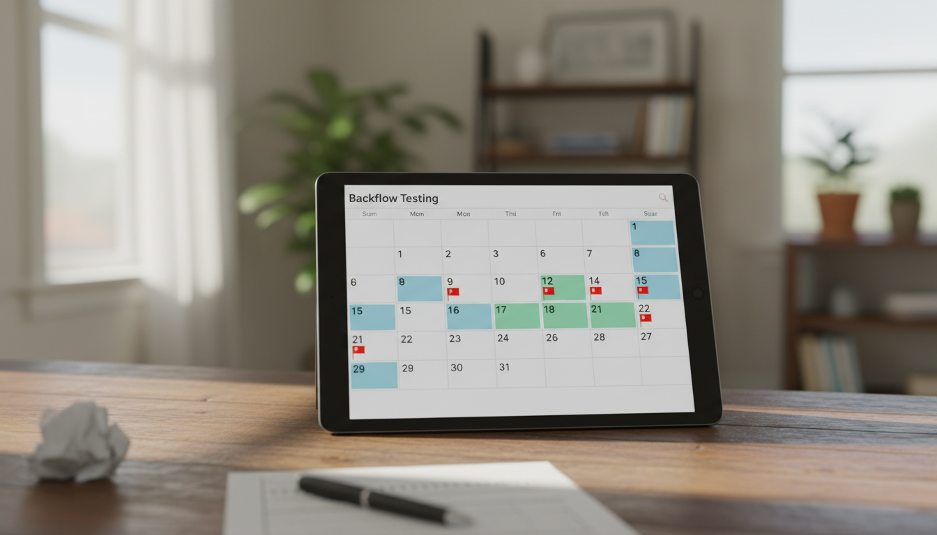 Calendar view showing scheduled backflow testing appointments with renewal reminder flags