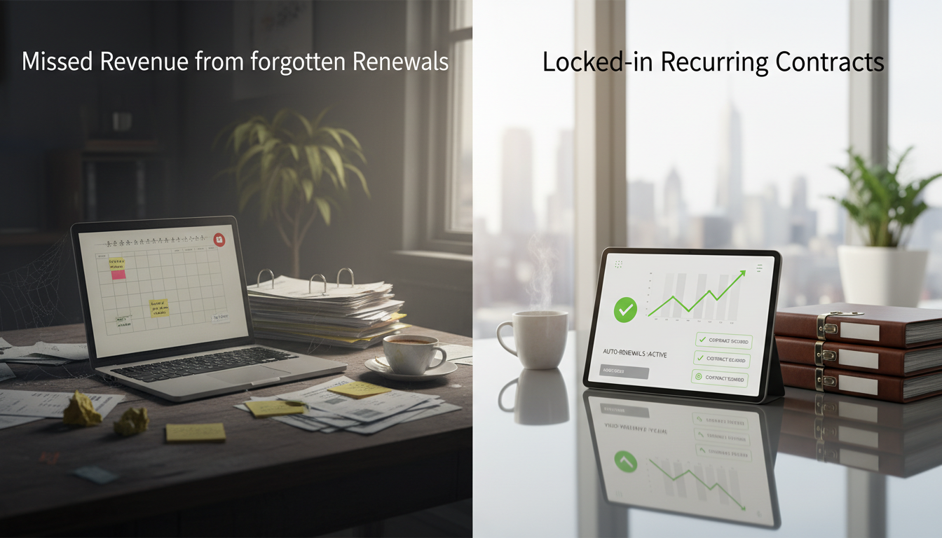 Split-screen comparison showing missed revenue from forgotten renewals vs. locked-in recurring contracts