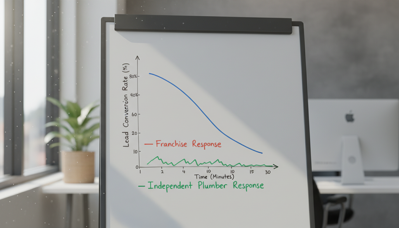 Graph showing lead conversion rate declining sharply after 5 minutes, with franchise response times vs. typical independent plumber response times marked
