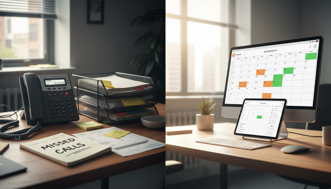 Before/after comparison showing a cluttered phone system with missed calls vs. a clean booking calendar with every slot filled and follow-ups scheduled