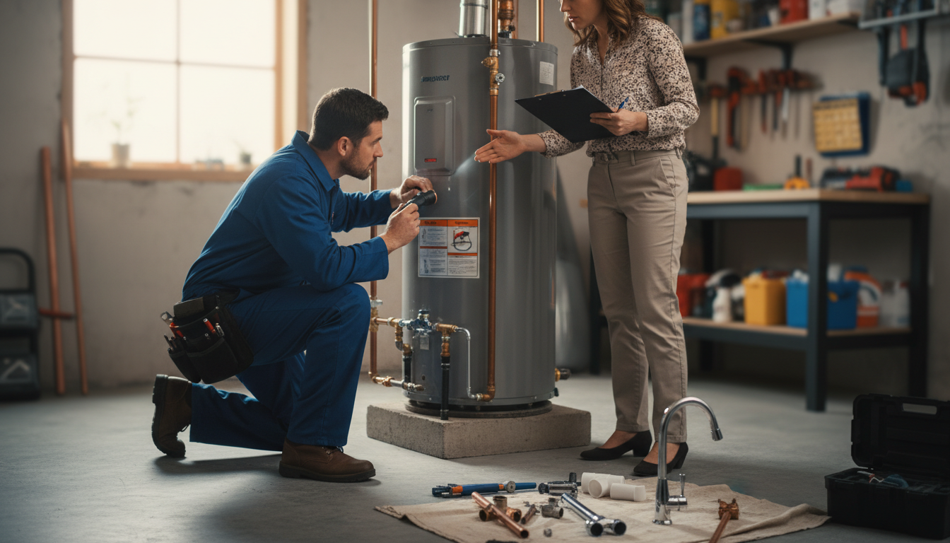 A professional plumber inspecting a water heater while a homeowner looks on, clipboard in hand, during a faucet installation service call