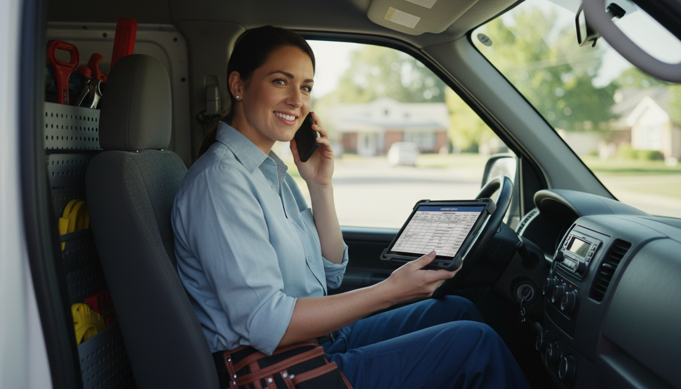 A professional female plumber in uniform talking on a phone while sitting in a service van, smiling confidently with a tablet showing a pricing sheet