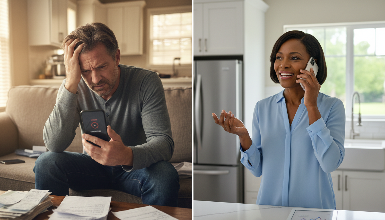 Split-screen comparison showing a frustrated homeowner looking at their phone with a voicemail screen versus a relieved homeowner speaking with a professional on the phone