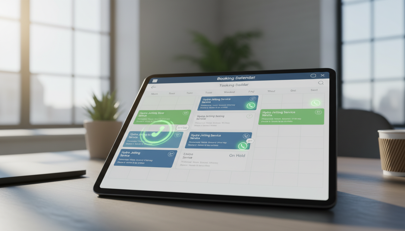 Dashboard or calendar view showing multiple hydro jetting appointments being booked in real-time across different time slots, with phone icons indicating live call handling