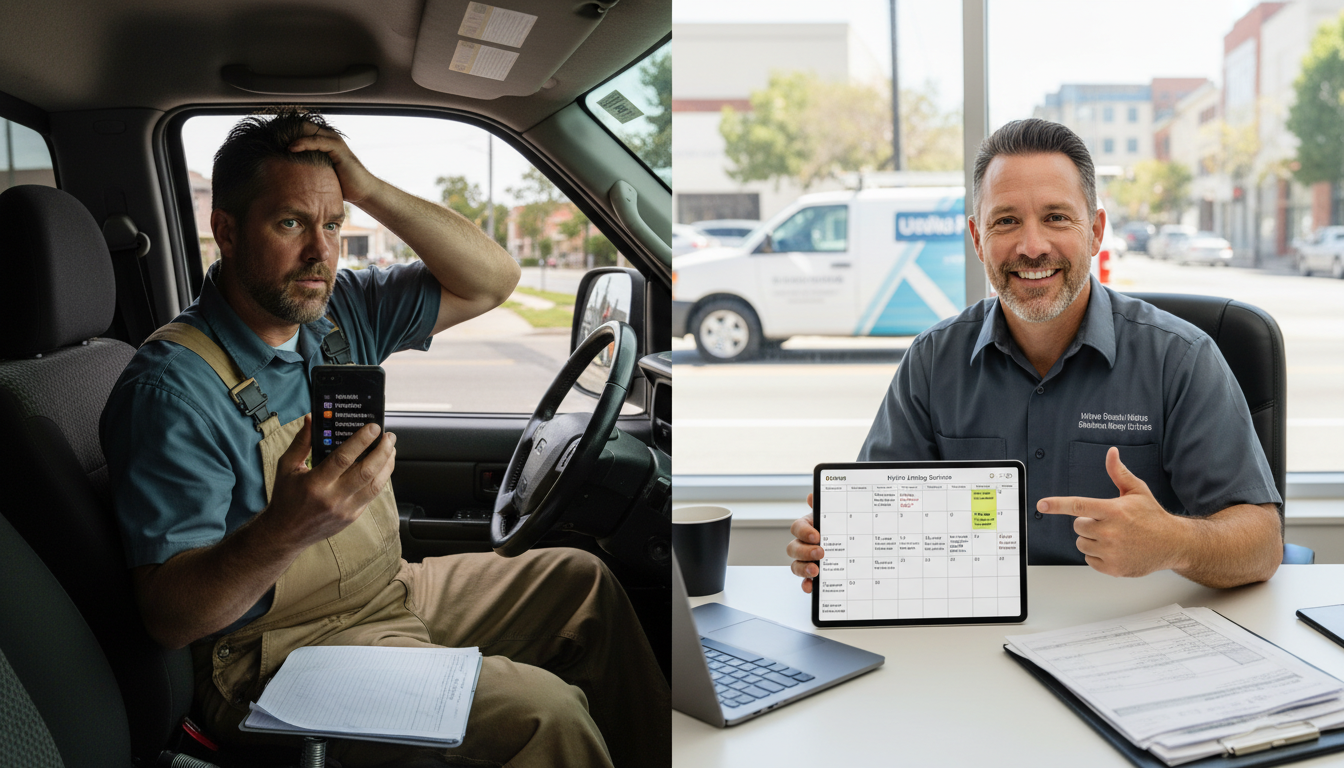 Before-and-after comparison showing a plumber missing calls and losing jobs on the left, versus organized appointment calendar full of booked hydro jetting jobs on the right