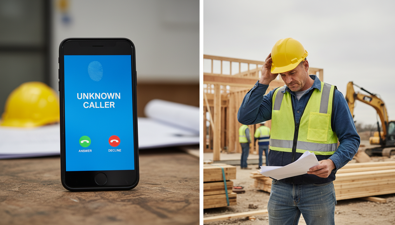 Split screen showing unanswered phone call on one side and general contractor looking frustrated on construction site on other side