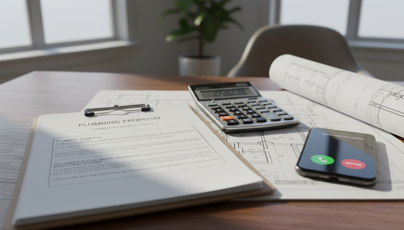 Professional plumbing bid proposal packet with construction plans, calculator, and smartphone showing incoming call